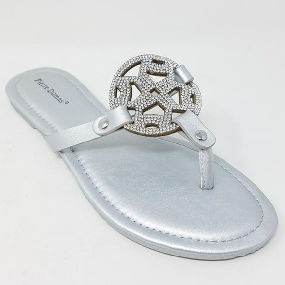 Pierre Dumas Shoes - New! Silver Rhinestone Medallion Thong Sandal